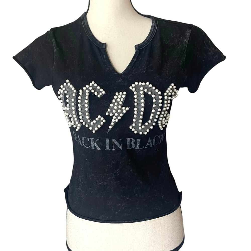 AC/DC Back In Black Faux Pearl Embellished Split Neck Baby T Acid Wash XS